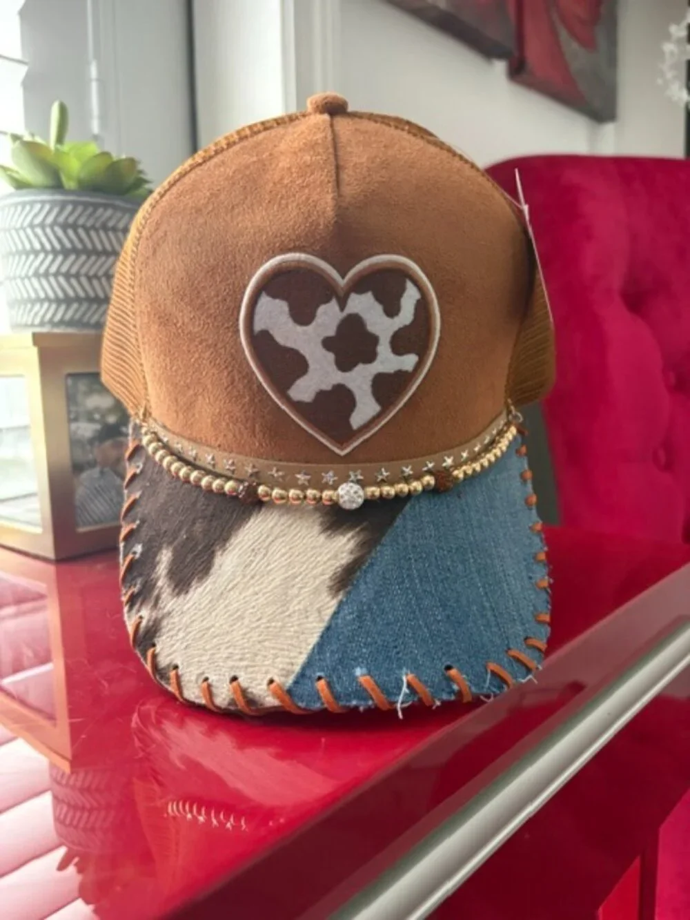 Handmade Cowhide Heart Patchwork Cap